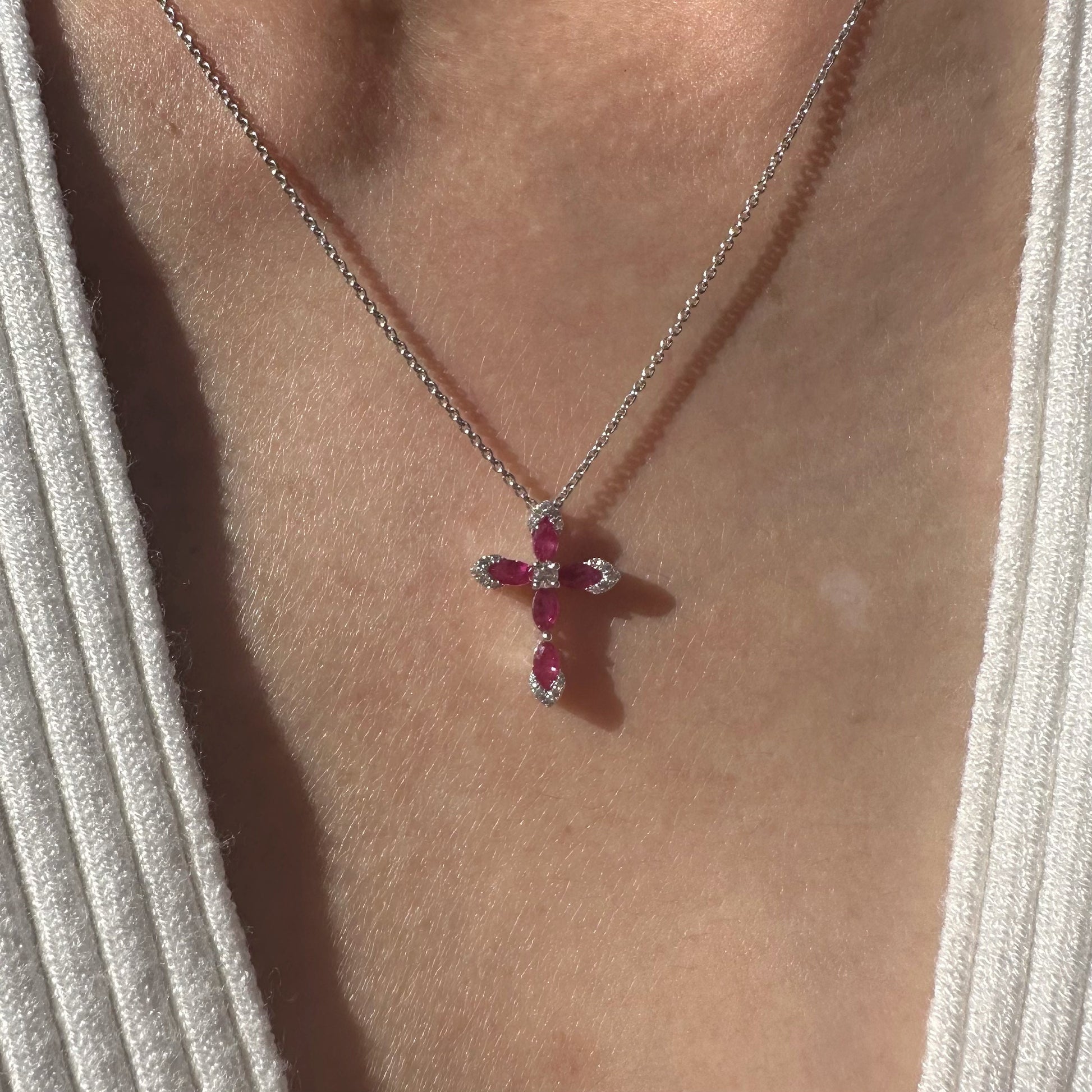 14K Solid White Gold Genuine Ruby and Diamond Cross Pendant